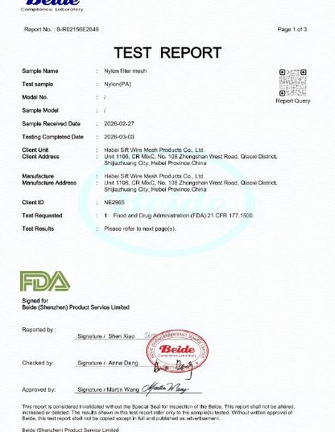 FDA Test Report B-R0215E29349 — Nylon Filter Mesh (FDA 21 CFR 177.1500)
