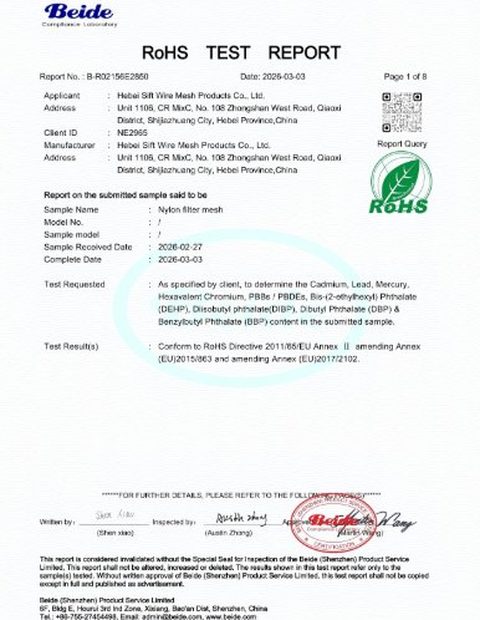RoHS Test Report B-R0215E29360 — Nylon Filter Mesh