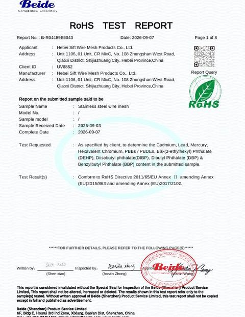 RoHS 2.0 Test Report E6043 — Stainless Steel Mesh
